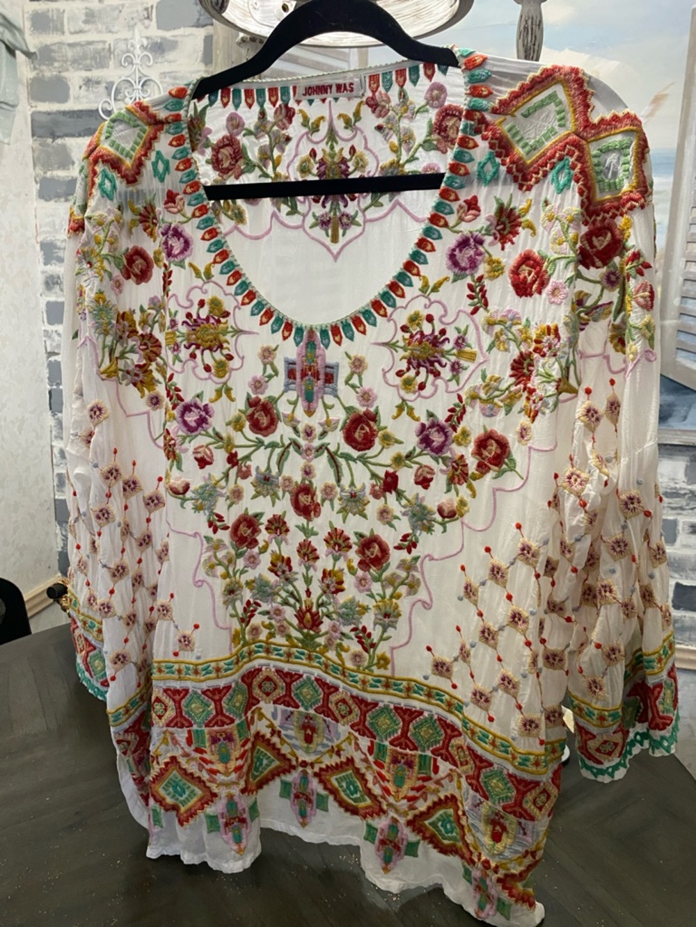 Johnny Was White Multicolor Floral Embroidered Boho Tunic Top